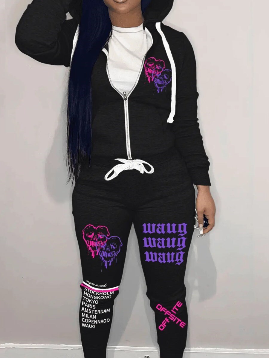 LW Letter Print Long Sleeve Hooded Collar Tracksuit