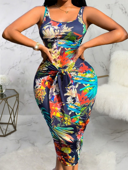 Plus Size Low Neck Floral Print Bodycon Cami Dress