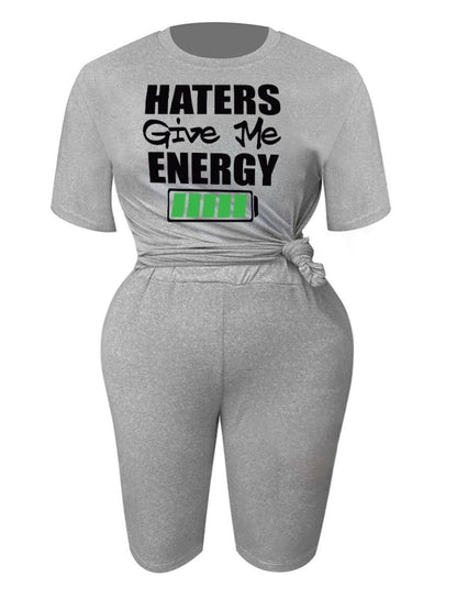 Plus Size Haters Give Me Energy Letter Print Shorts Set