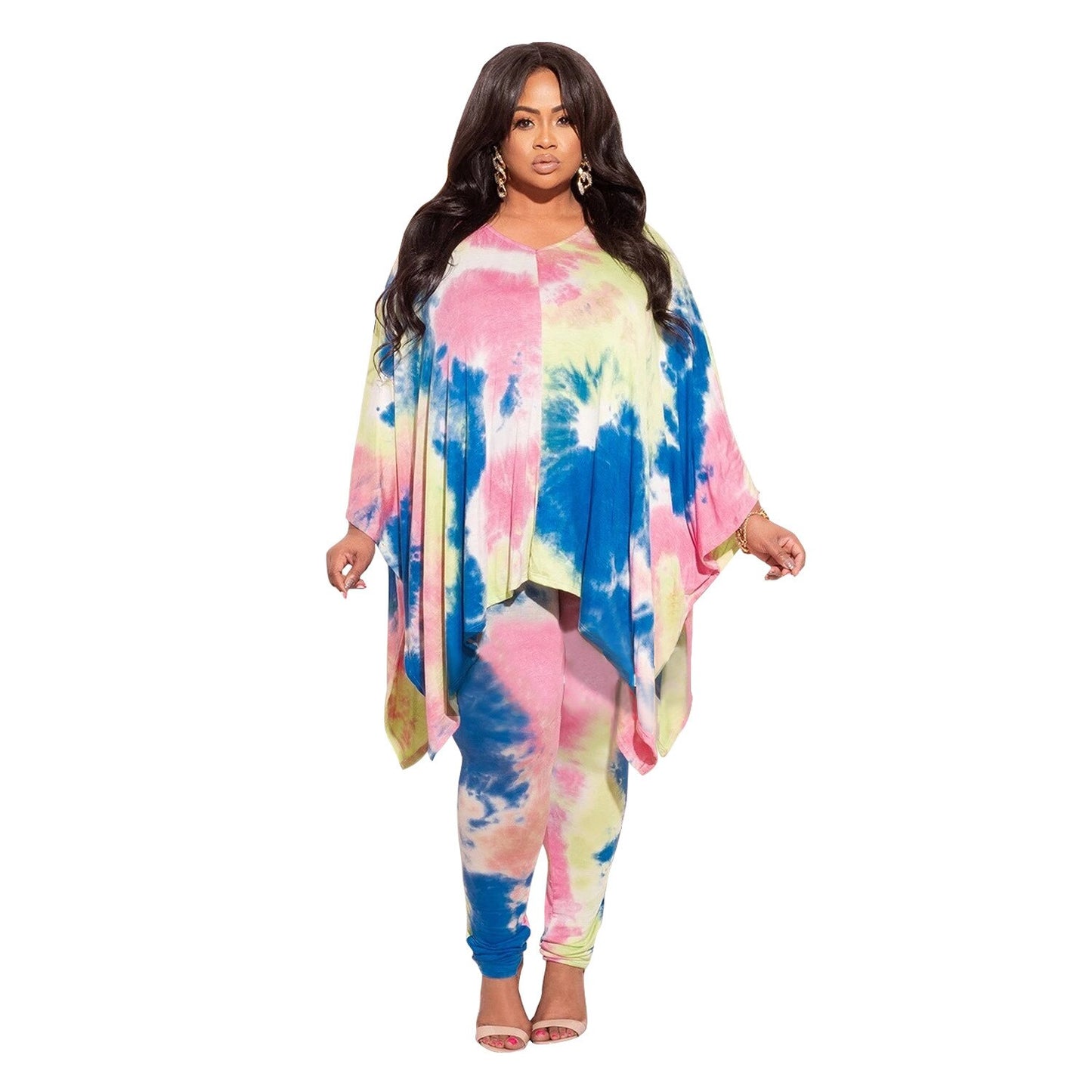 Plus Size Two Piece Tie Dye  Long Sleeve Top and Pant Set