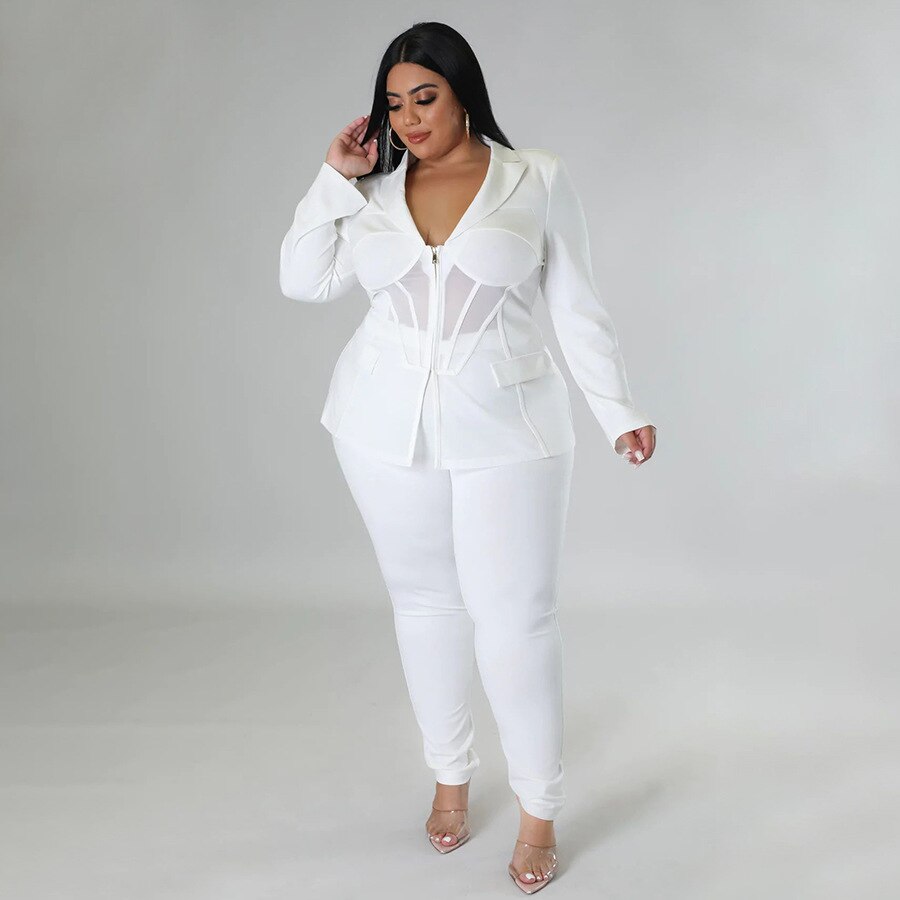 Plus Size See Through V Neck Jackets And Pants Set