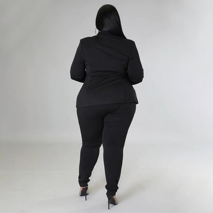 Plus Size See Through V Neck Jackets And Pants Set