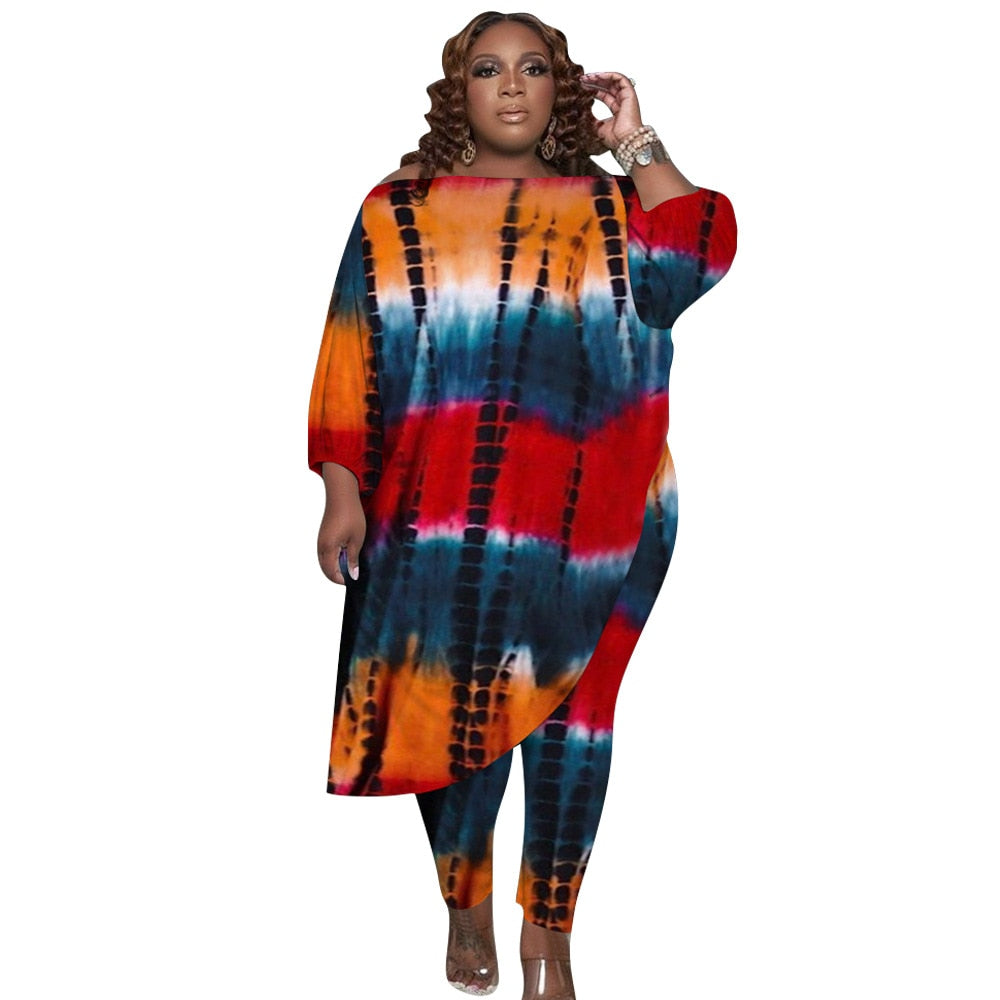 Plus Size Tie Dye Print Loose Oblique Irregular Two Piece Set