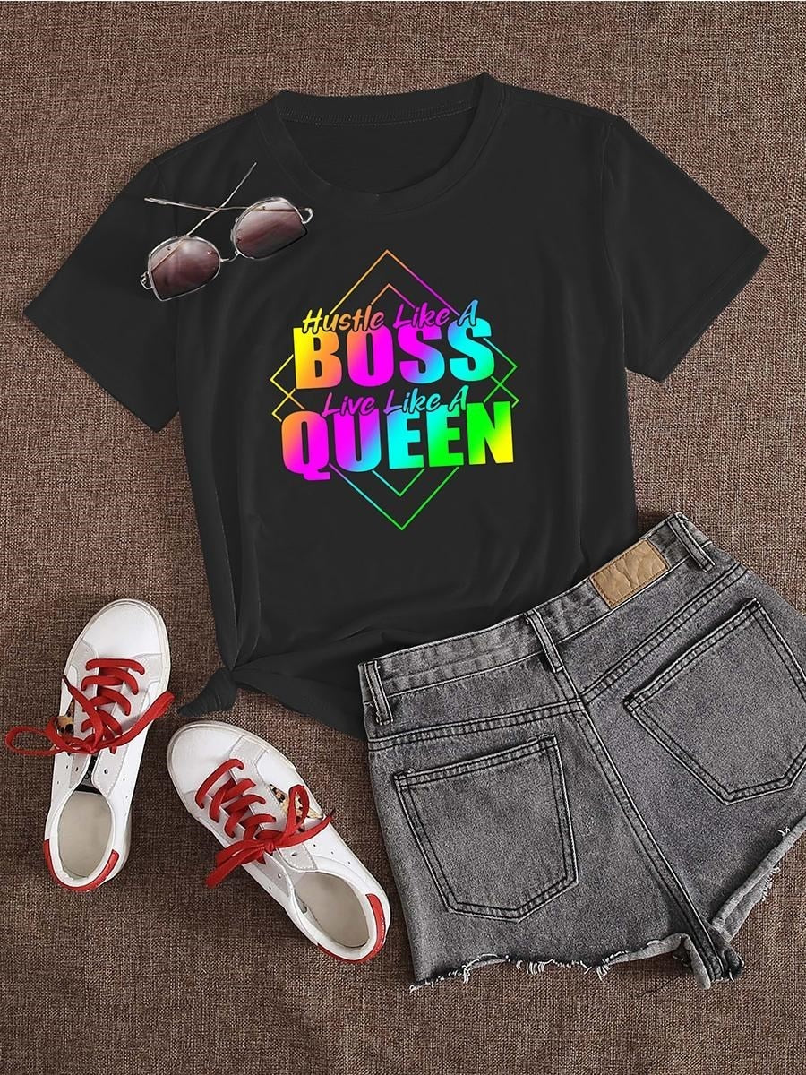 Plus Size Gradient Queen Rainbow Letter Print Short Sleeve T-shirt