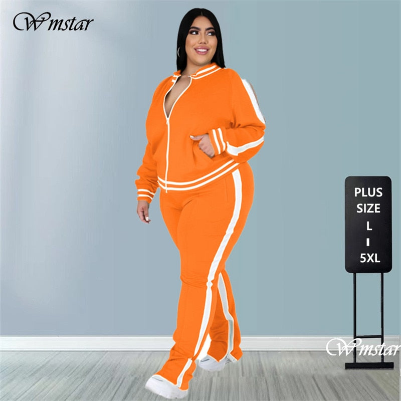 Plus Size Two Piece Zip Striped Top Slit Jogger Set