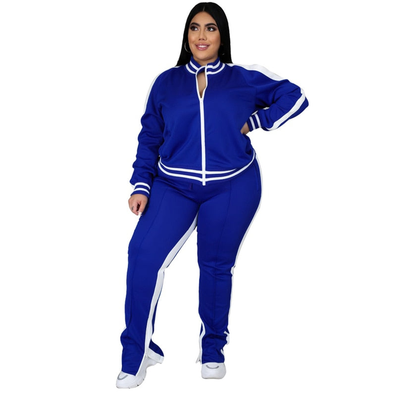 Plus Size Two Piece Zip Striped Top Slit Jogger Set