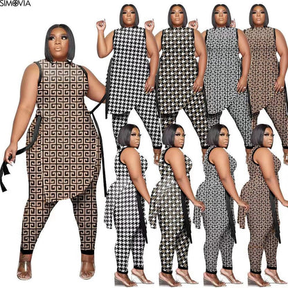 Plus Size 2 Piece Fashion Sleeveless Top And Pants Suit