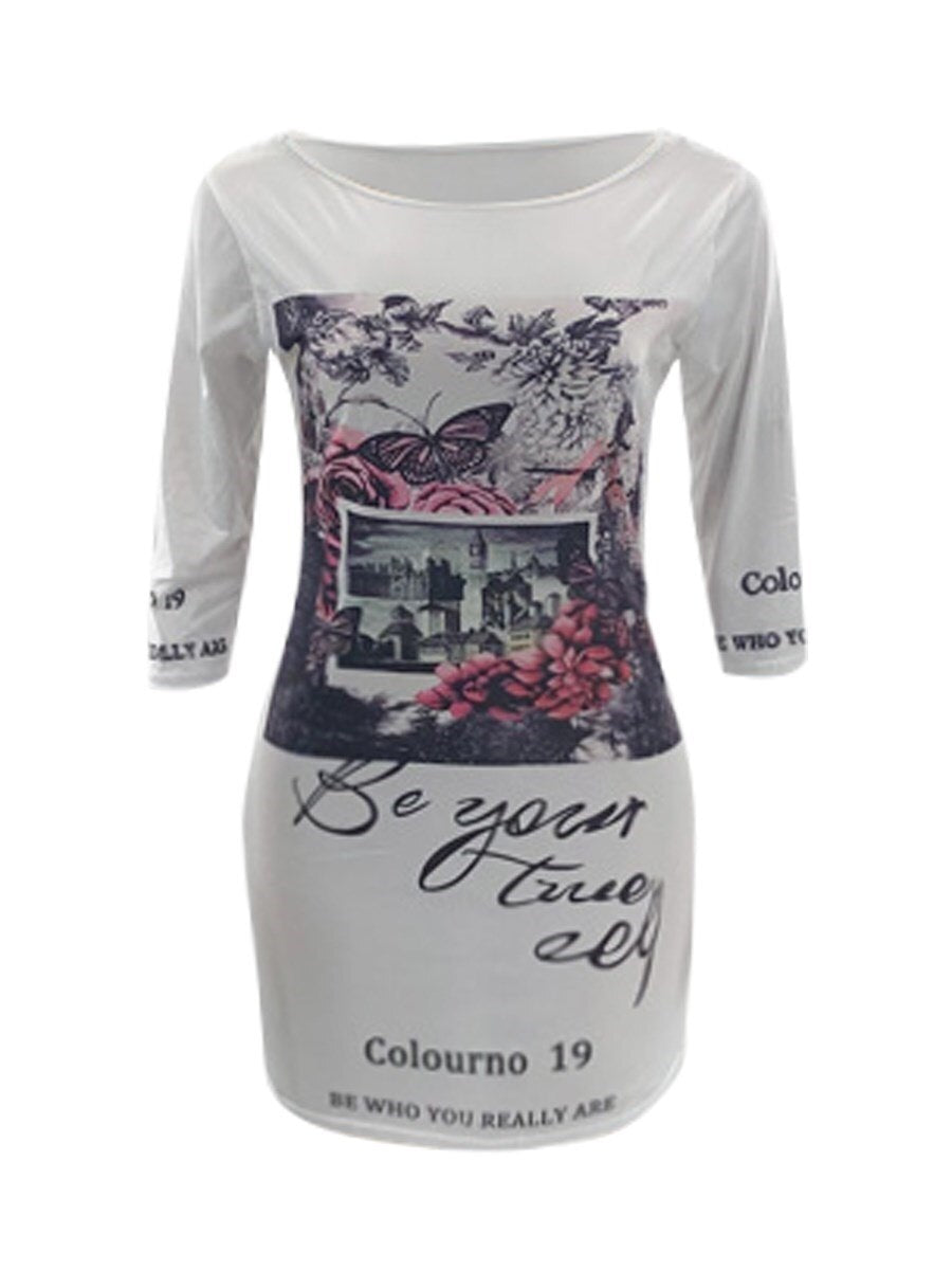 Plus Size Butterfly Fruit/Letter Print Casual One Shoulder Dress