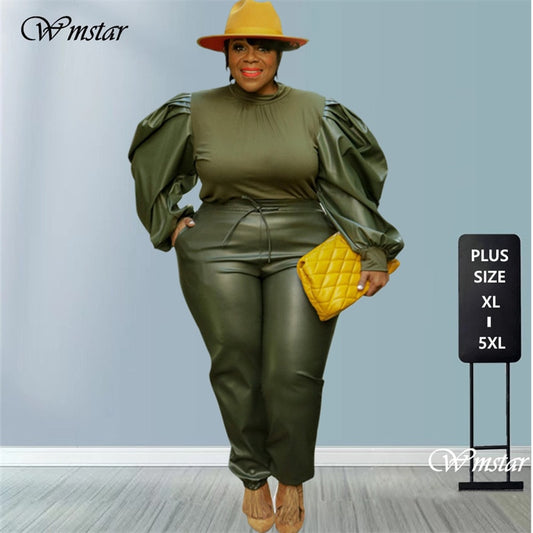 Plus Size Two Piece Puff Sleeve Patchwork Crop and Pants Set