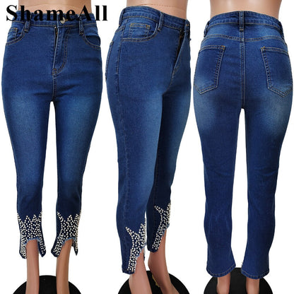 Plus Size Rhinestone Beading Skinny Ankle Length Pencil Jeans