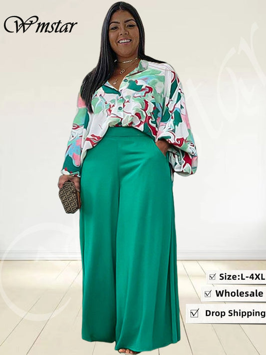 Plus Size Two Piece Print Wide Leg Fall Set