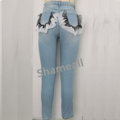 Plus Size Lace Ruffles Pocket Low Rise Jeans