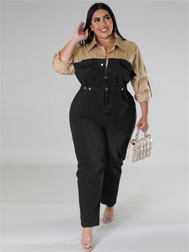 Plus Size Patchwork Long Sleeve Denim Romper