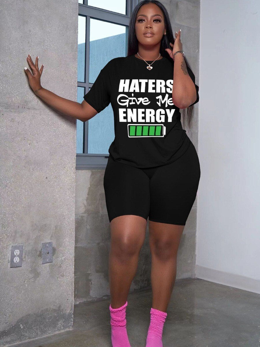 Plus Size Haters Give Me Energy Letter Print Shorts Set