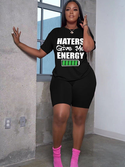 Plus Size Haters Give Me Energy Letter Print Shorts Set