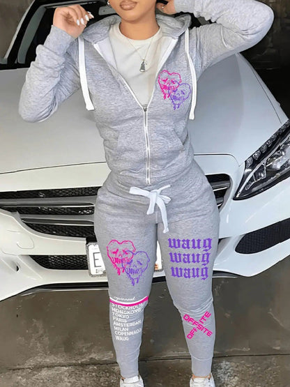 LW Letter Print Long Sleeve Hooded Collar Tracksuit