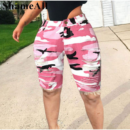 Plus Size Streetwear Ripped Skinny Camouflage Cutoff Jeans