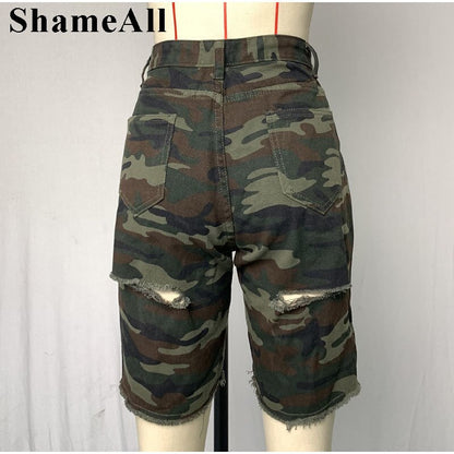 Plus Size Streetwear Ripped Skinny Camouflage Cutoff Jeans