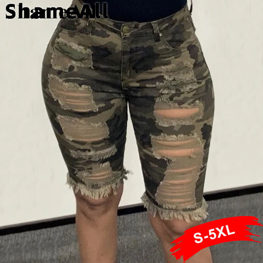 Plus Size Streetwear Ripped Skinny Camouflage Cutoff Jeans