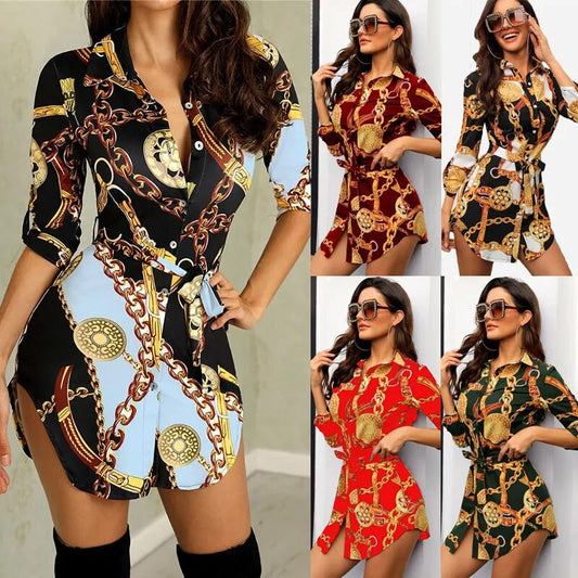 Fashionable Sexy Chain Strap Print Half Sleeve Lapel Button Shirt Dress