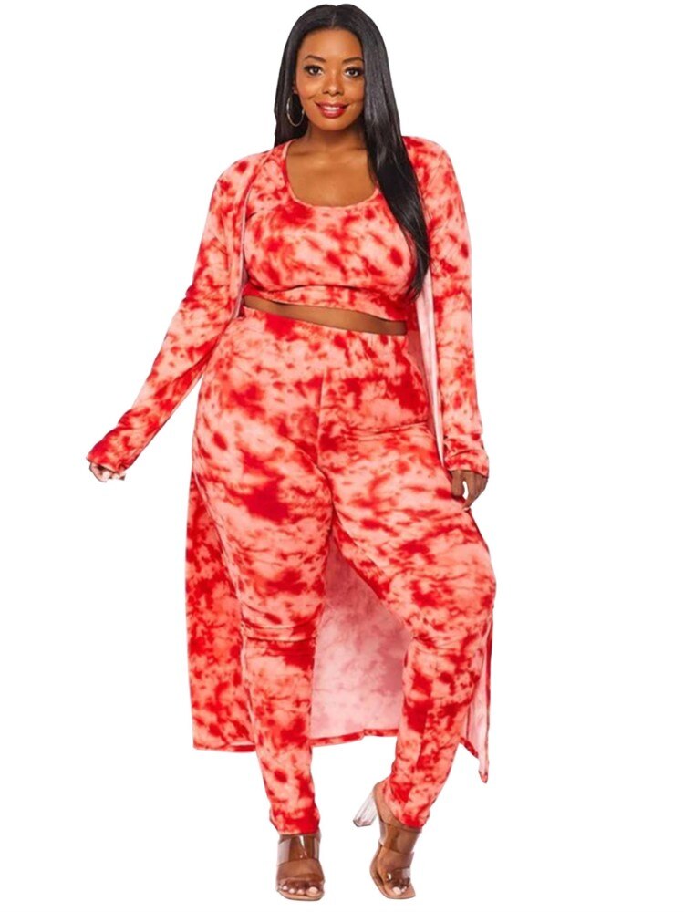 Plus Size Long Tops Pants Suit With Tank Autumn Print