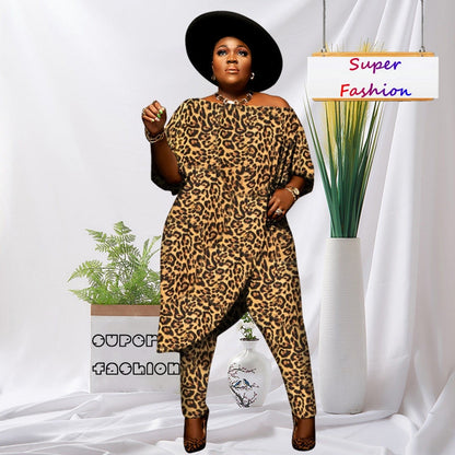 Plus Size Fashion Leopard Print Short Sleeve Casual Two Piece Pant Set