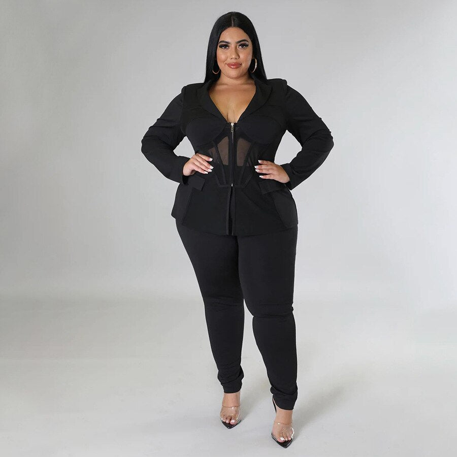 Plus Size See Through V Neck Jackets And Pants Set