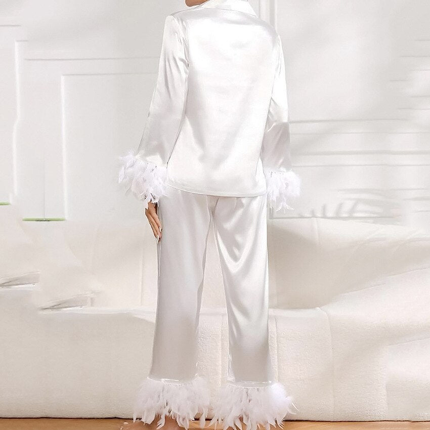 Feathered 2 Piece Long Sleeve Turn Down Collar Pajama Set