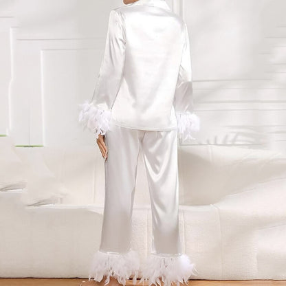 Feathered 2 Piece Long Sleeve Turn Down Collar Pajama Set