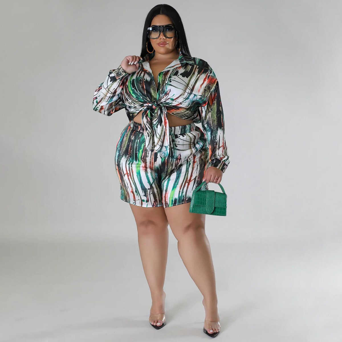 Plus Size Autumn Print Two Piece Set with Lace Up Top and Shorts