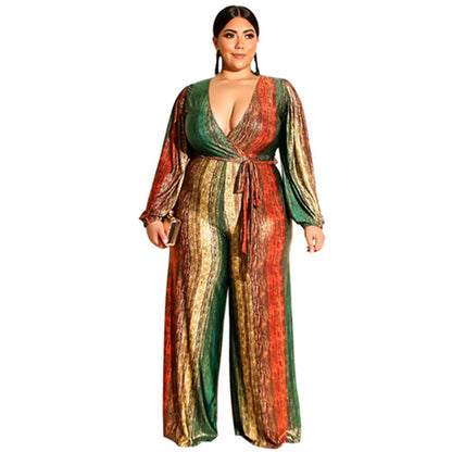 Plus Size Deep V-neck Patchwork Print Jumpsuit