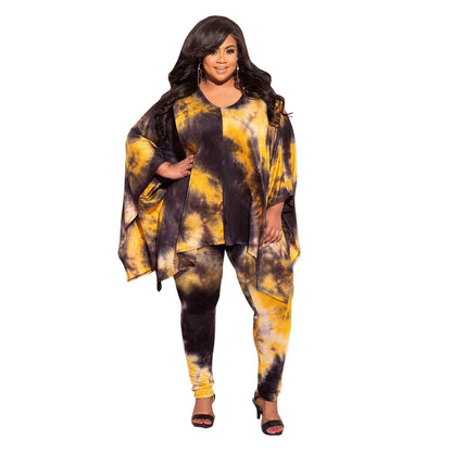 Plus Size Two Piece Tie Dye  Long Sleeve Top and Pant Set