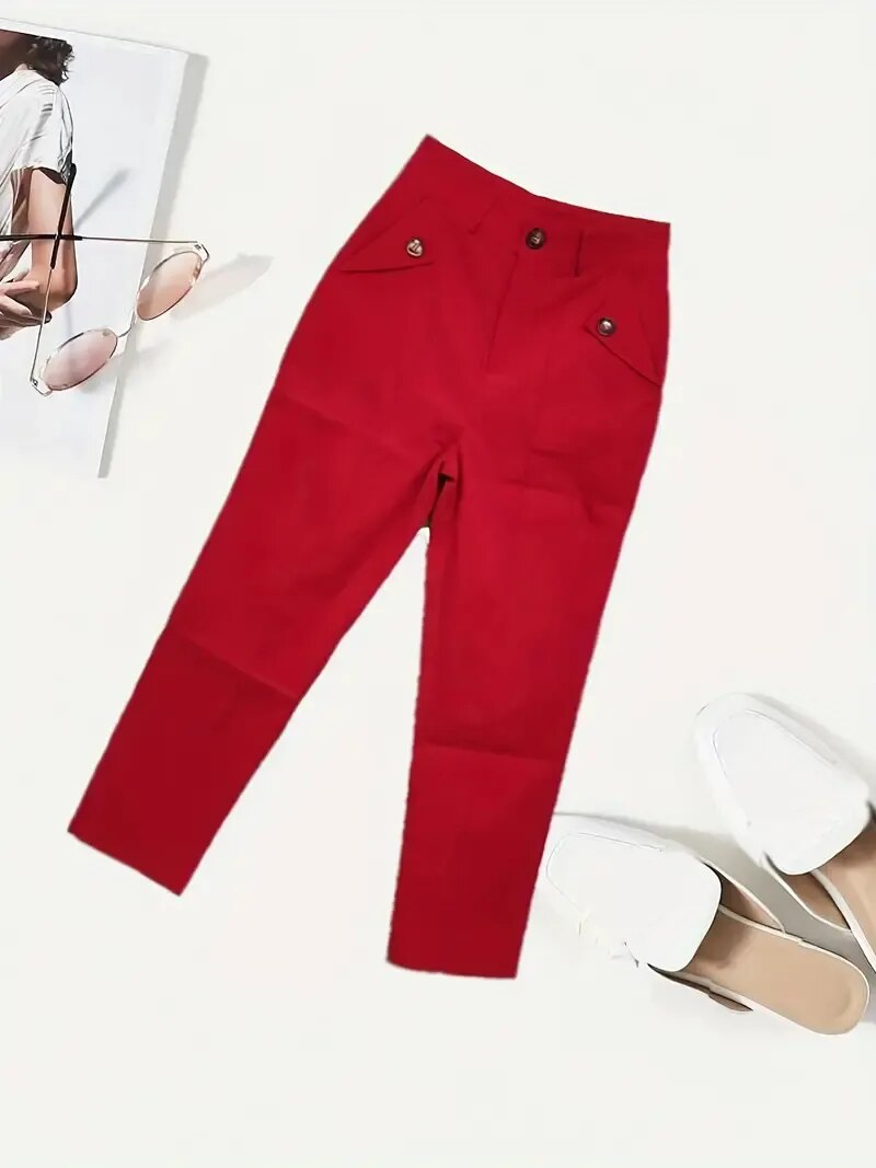 Solid Color High Waist Casual Pencil Skinny Straight Trousers with Pocket