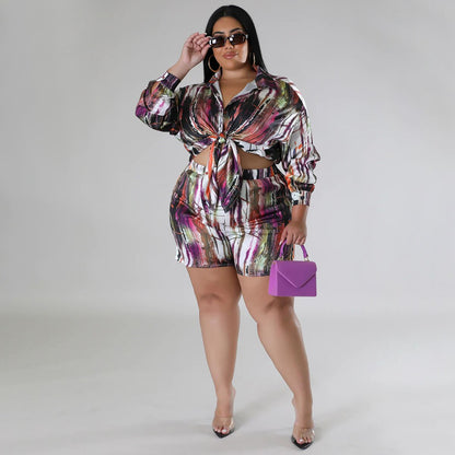 Plus Size Autumn Print Two Piece Set with Lace Up Top and Shorts