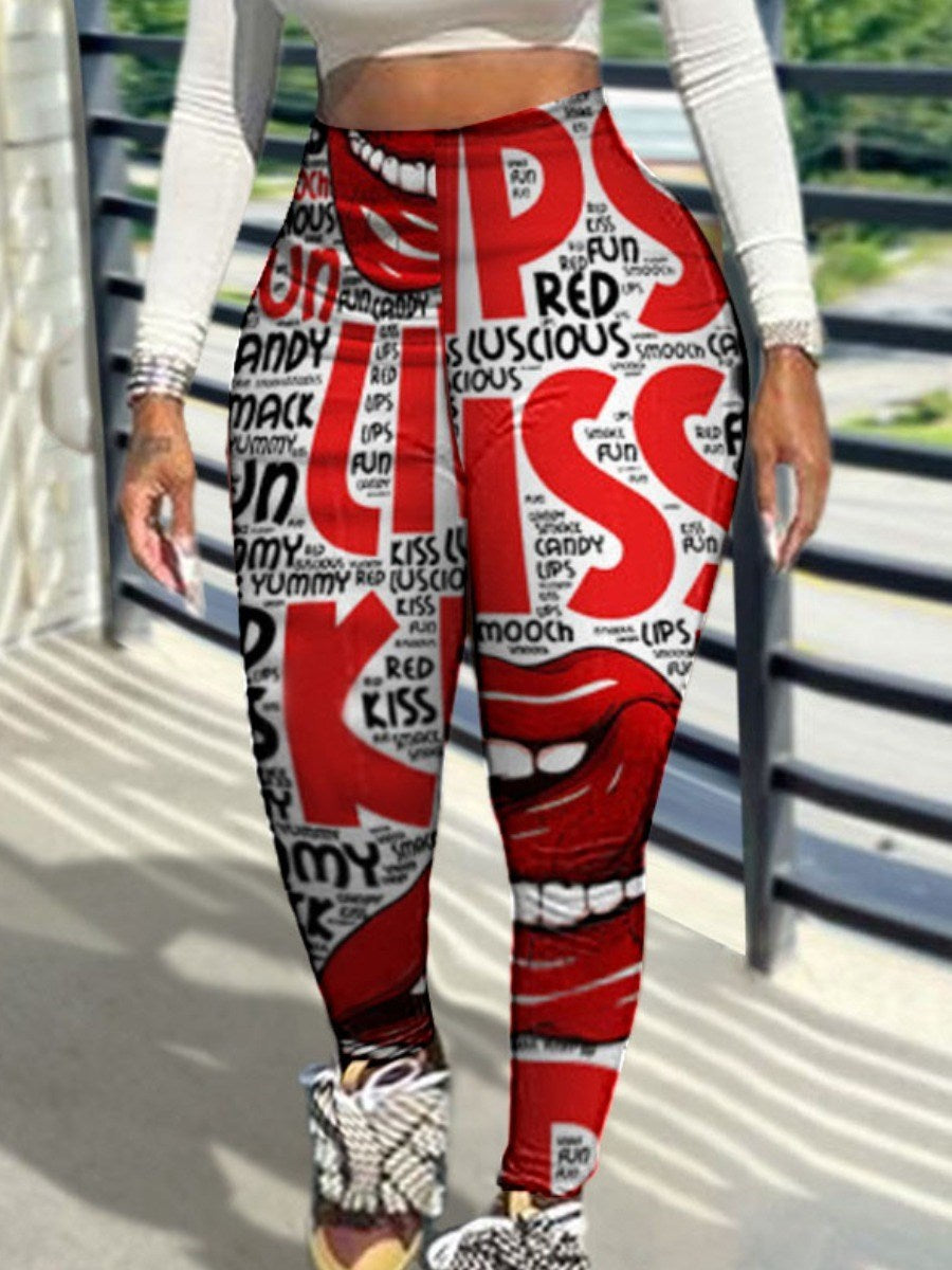 Plus Size Kiss Lip Letter Print High Waisted Legging