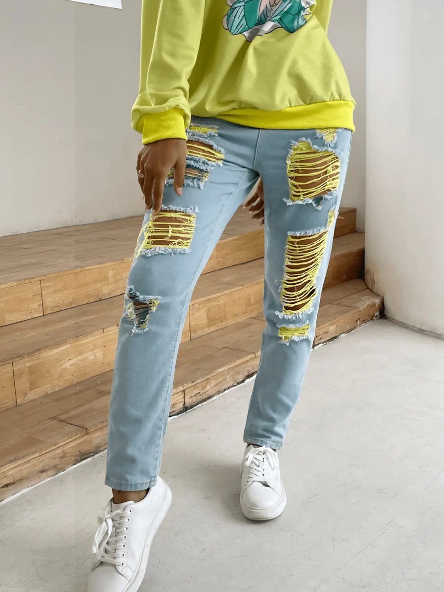 Raw Edge Ripped Jeans (No Stretch)