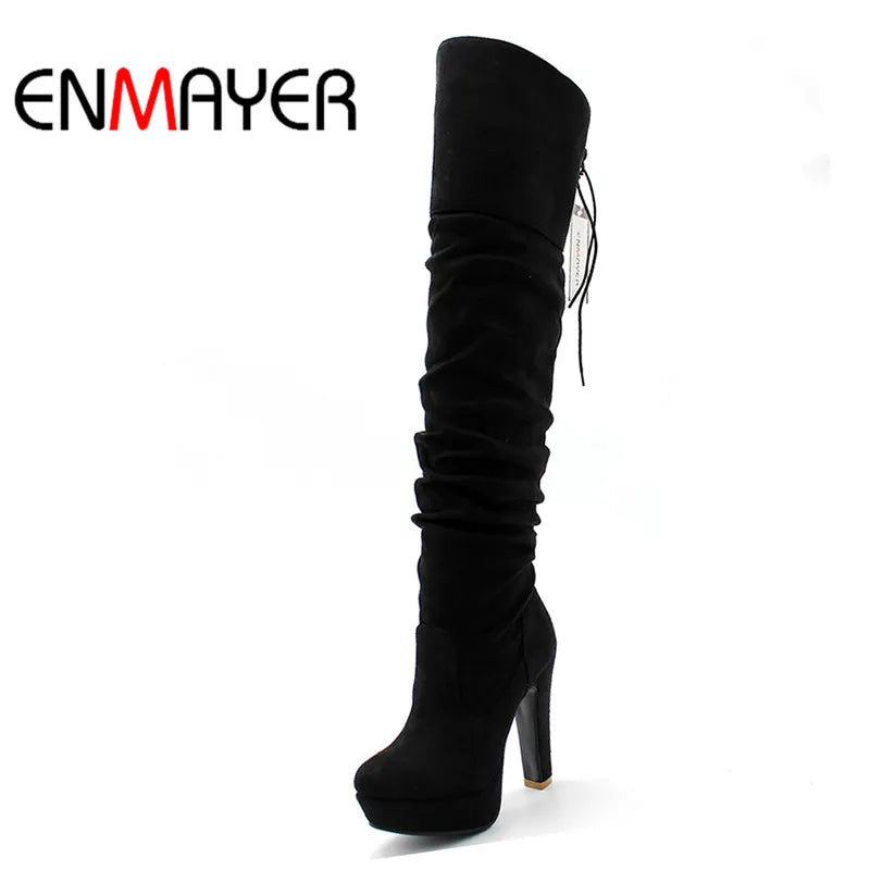 ENMAYER Over-the-Knee Flock Tasseled Round Toe Boots