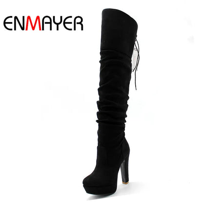 ENMAYER Over-the-Knee Flock Tasseled Round Toe Boots