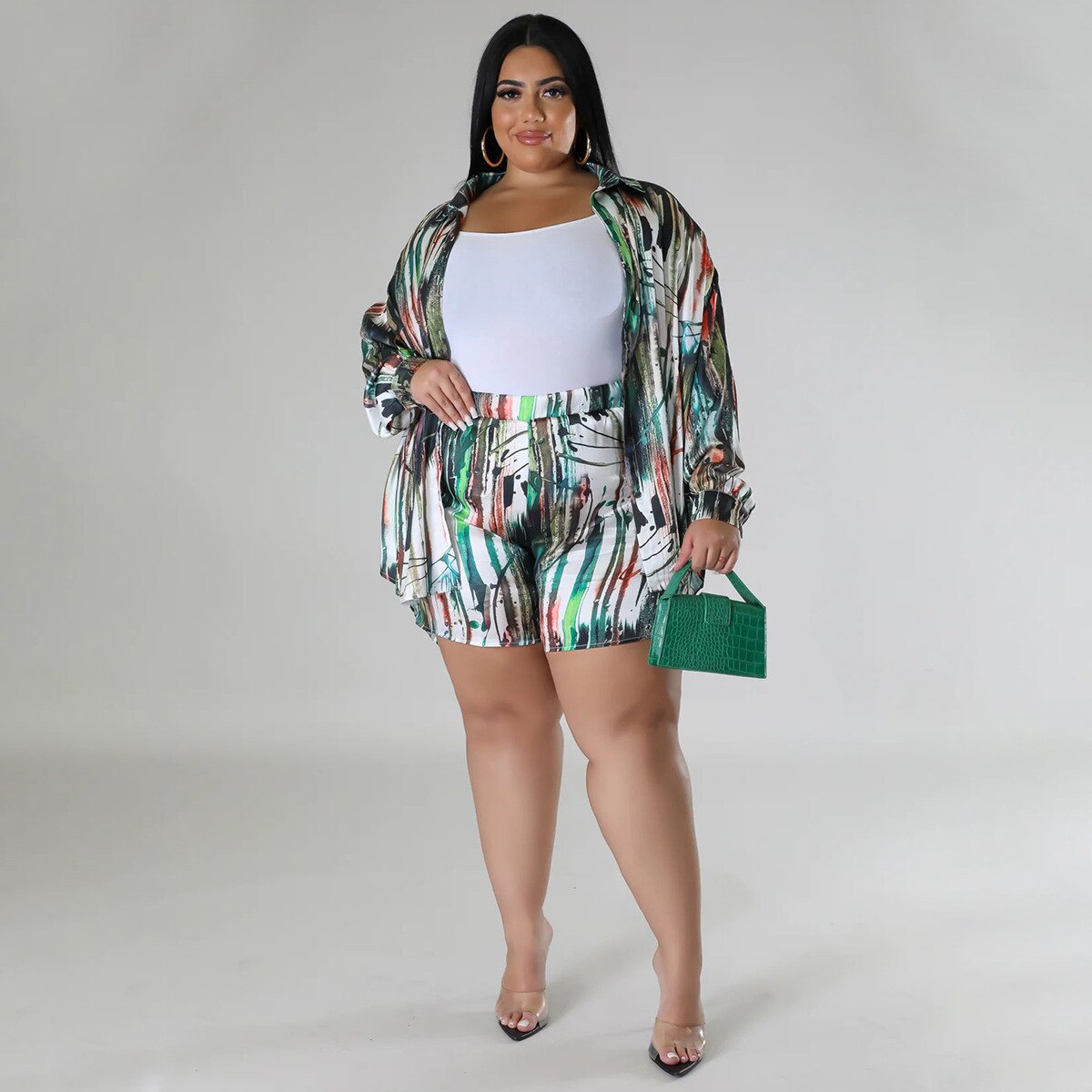 Plus Size Autumn Print Two Piece Set with Lace Up Top and Shorts