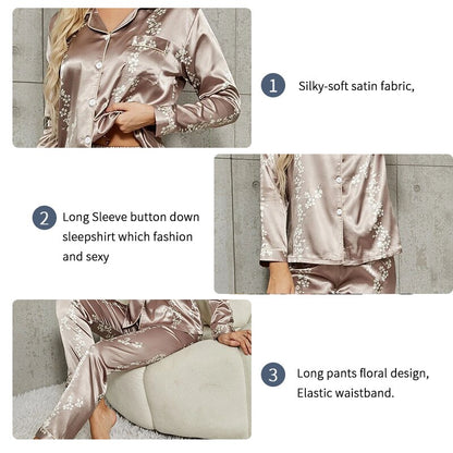 Long Sleeve Button Down Print Shirt with Trouser Loungewear Set