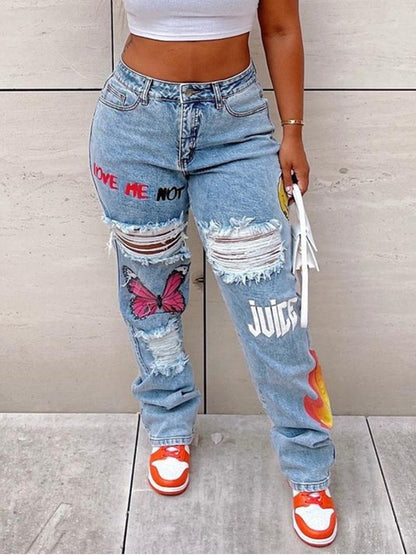 Butterfly Letter Print Ripped Jeans