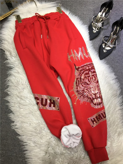 Plus Size Luxury Rhinestone Tiger Fleece Thick Trousers Ladies