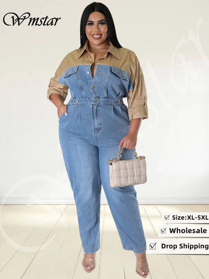 Plus Size Patchwork Long Sleeve Denim Romper