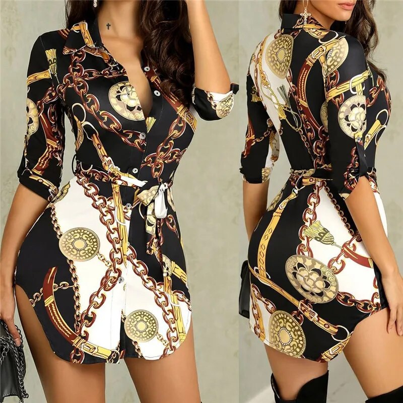 Fashionable Sexy Chain Strap Print Half Sleeve Lapel Button Shirt Dress