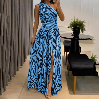 One Shoulder Slit Backless Nipped Waist Dress