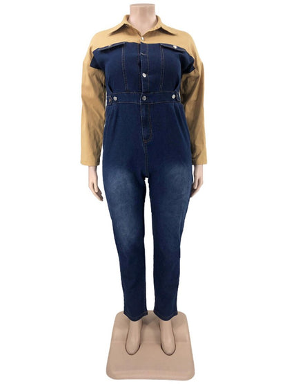 Plus Size Patchwork Long Sleeve Denim Romper