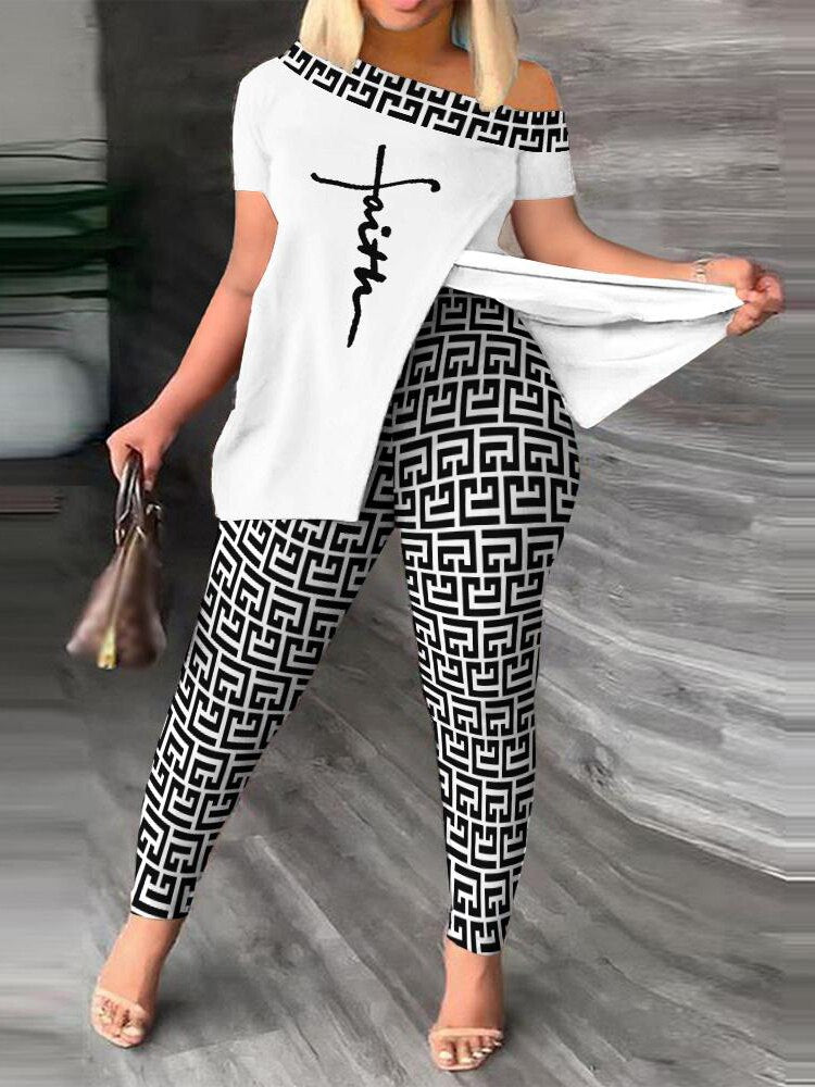 Plus Size Faith Geometric Print Split Hem Top & Pants Set