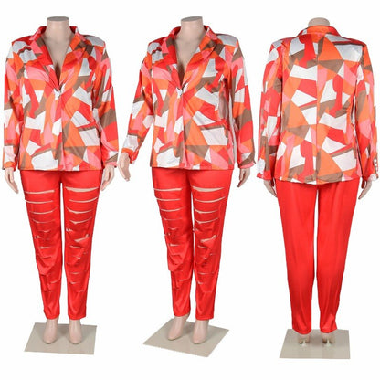 Plus Size Print Blazer and Cutout Skinny Pencil Pants Set