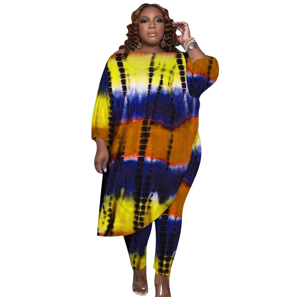 Plus Size Tie Dye Print Loose Oblique Irregular Two Piece Set