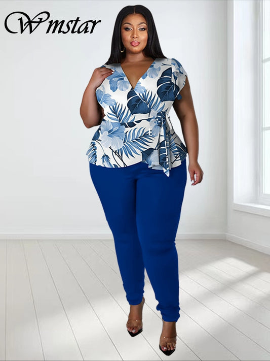 Plus Size Two Piece Printed Top Solid Leggings Matching Set